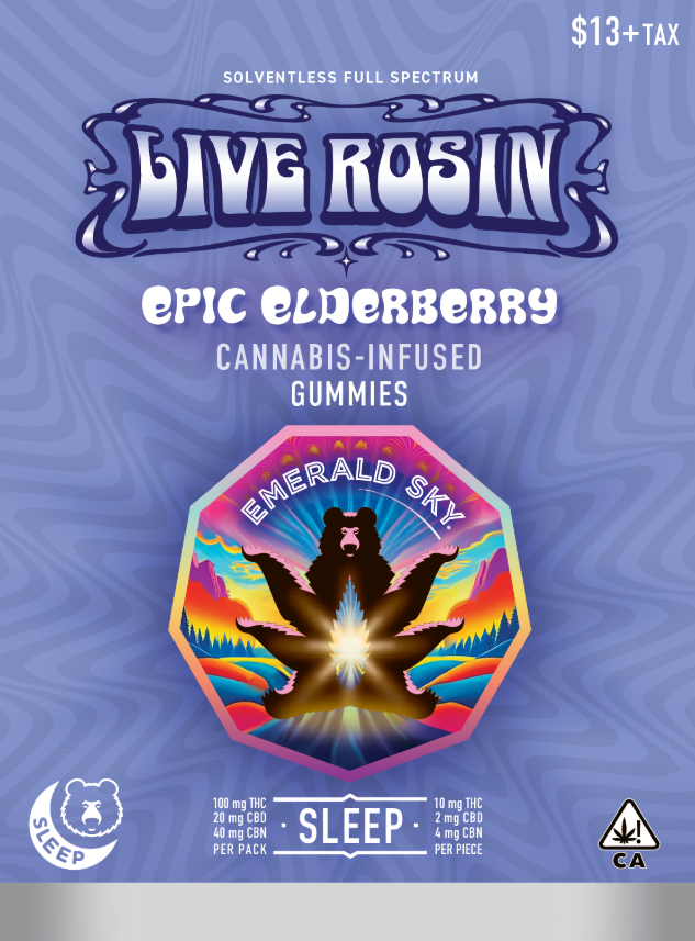 Photograph of product: Epic Elderberry [I] |  10:2:4 TH-oui:CBD:CBN 100mg 10pk Live Rosin Gummy | Emerald Sky
