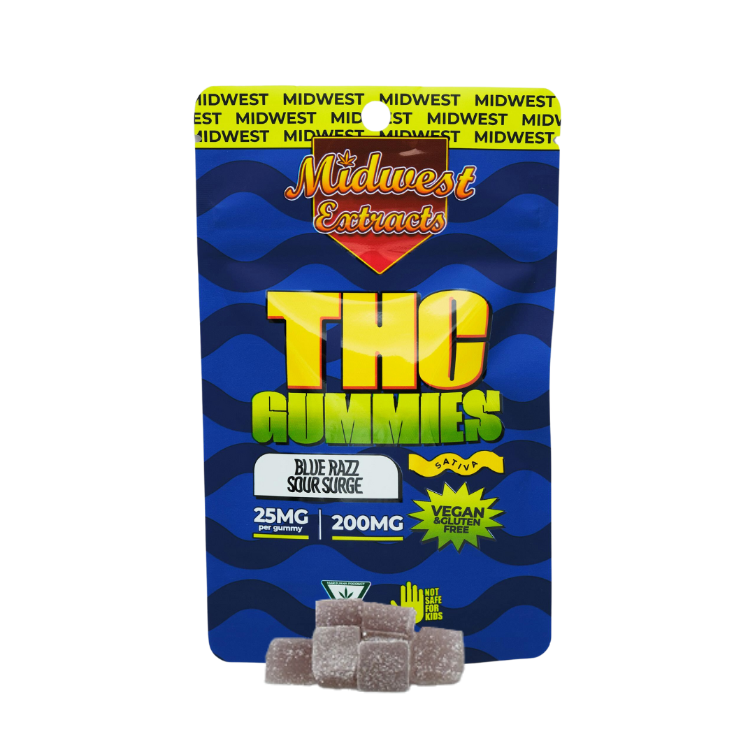 Photograph of product: Midwest Extracts | Sour Blue Raspberry Surge Gummies | 8x25mg | 200mg