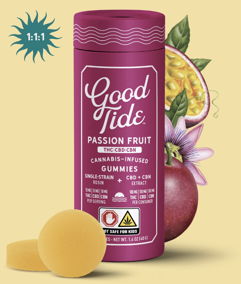 Photograph of product: Good Tide l Passion Fruit Rosin Gummies l 1:1:1 [TH-oui:CBD:CBN] l 10pk l 100mg