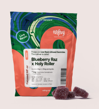 Photograph of product: Blueberry Raz x Holy Roller | Live Resin Gummies | 100mg | 10 Pack | Oui'd | MFNY