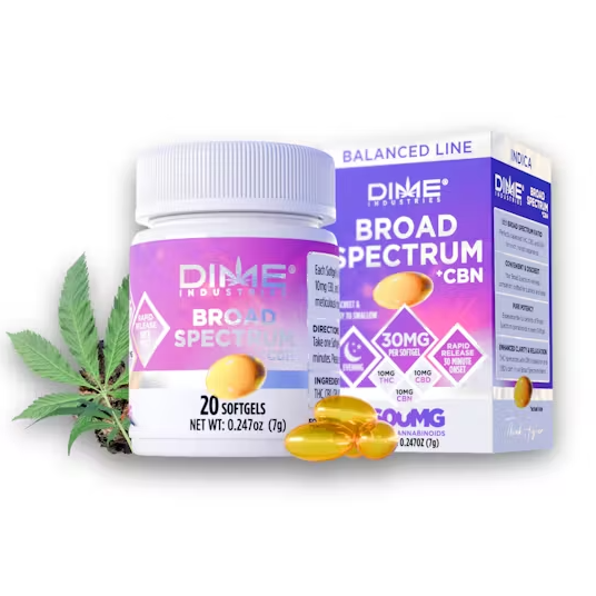 Photograph of product: Dime Balanced Line - Broad Spectrum Evening Softgels  20x30mg 600MG (TH-oui/CBD/CBN)