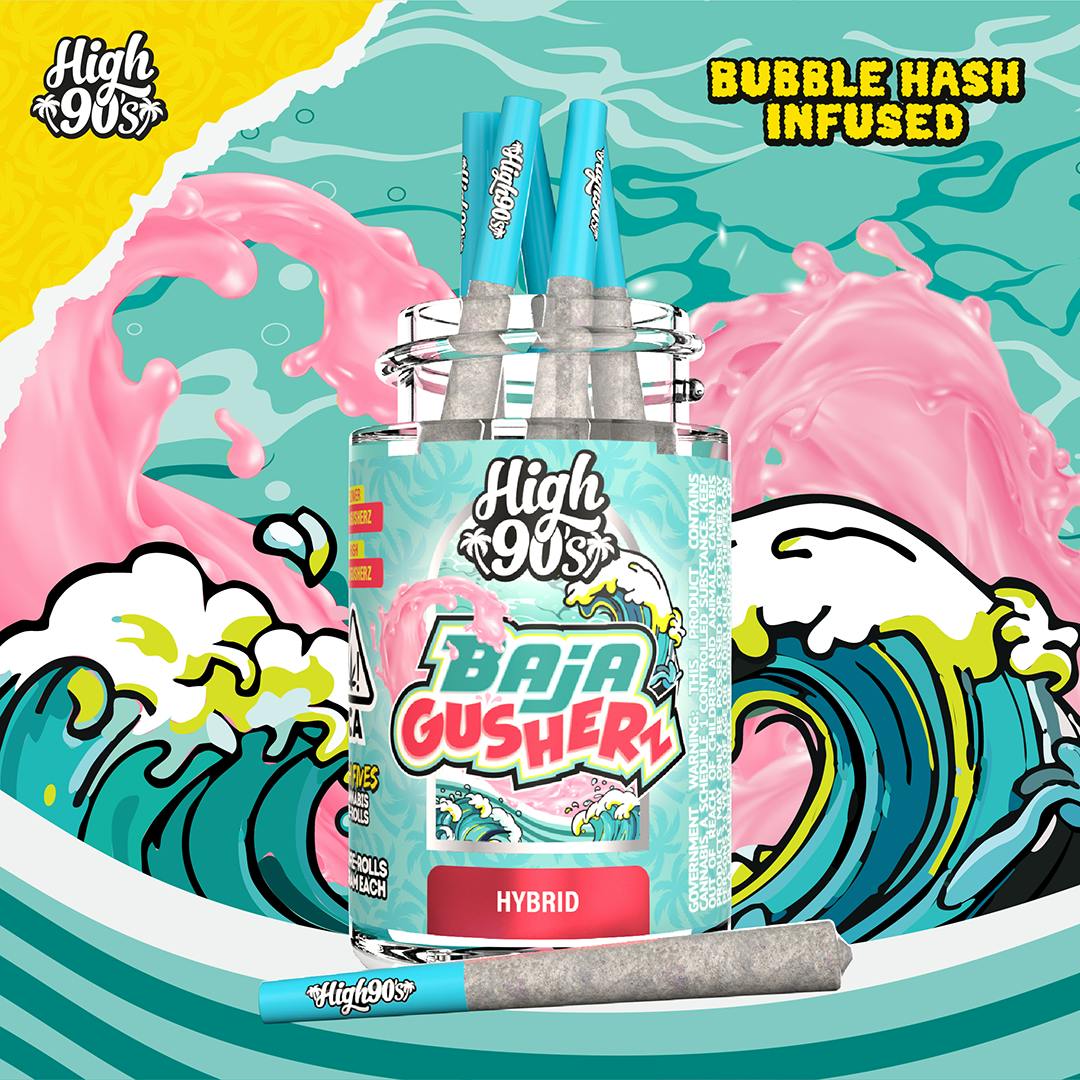 Photograph of product: High 90's - Baja Gusherz - 2.5G - High Fives Bubble au chocolat Infused Pre Roll Pack