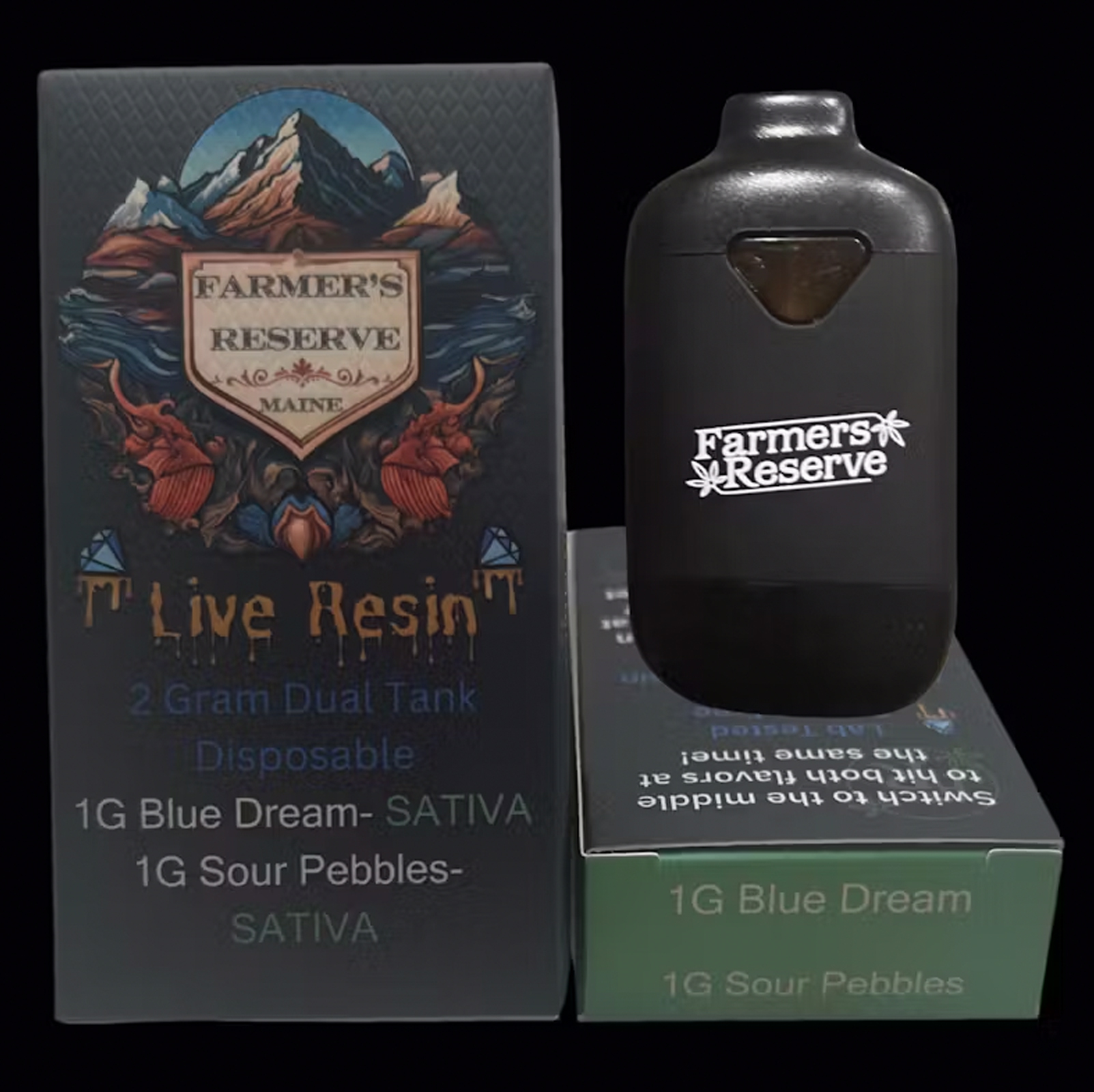 Photograph of product: Farmers Reserve Live Resin Dual Tank Disposable Cart. Blue Dream x Sour Pebbles 2 G