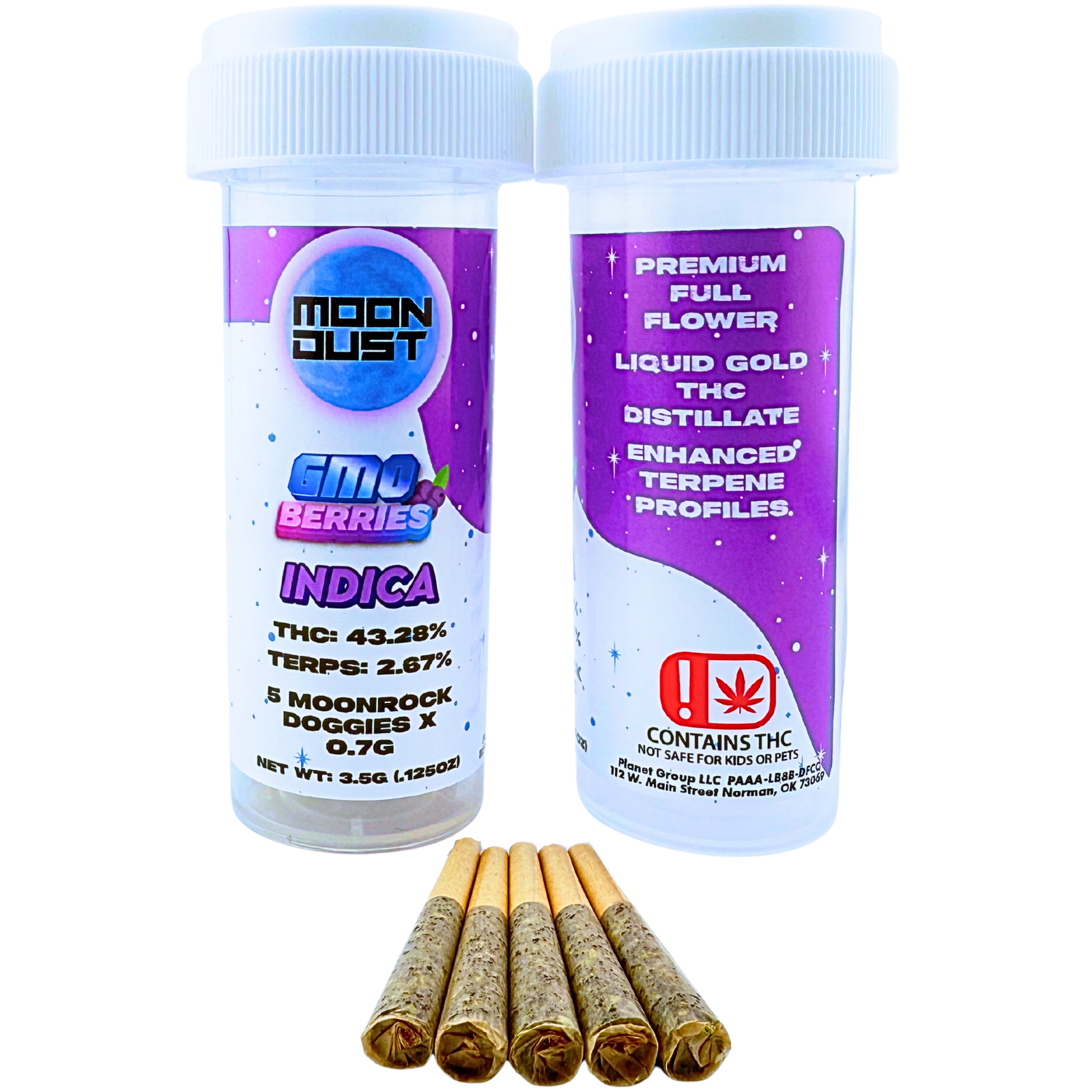 Photograph of product: PRE ROLL MD GMO BERRIES INFUSED DOGGIES 5PK