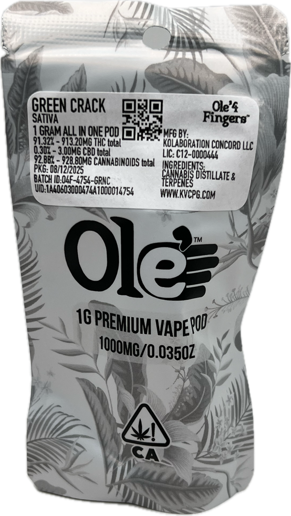 Photograph of product: Green Crack 1g Distillate AIO Pod Cart - Ole' 4 Fingers