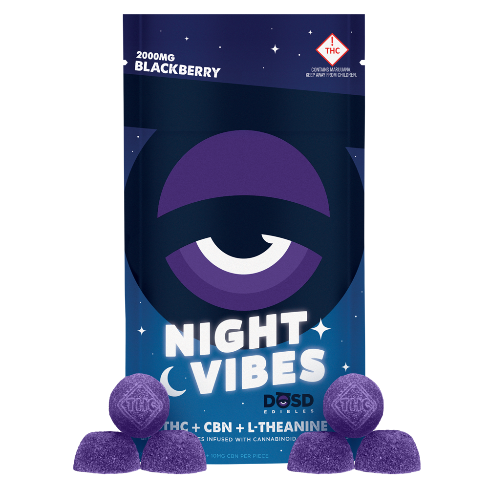 Photograph of product: Night Vibes Blackberry (I) - (10:1 TH-oui:CBN) - 2000mg Nano Bites - DOSD