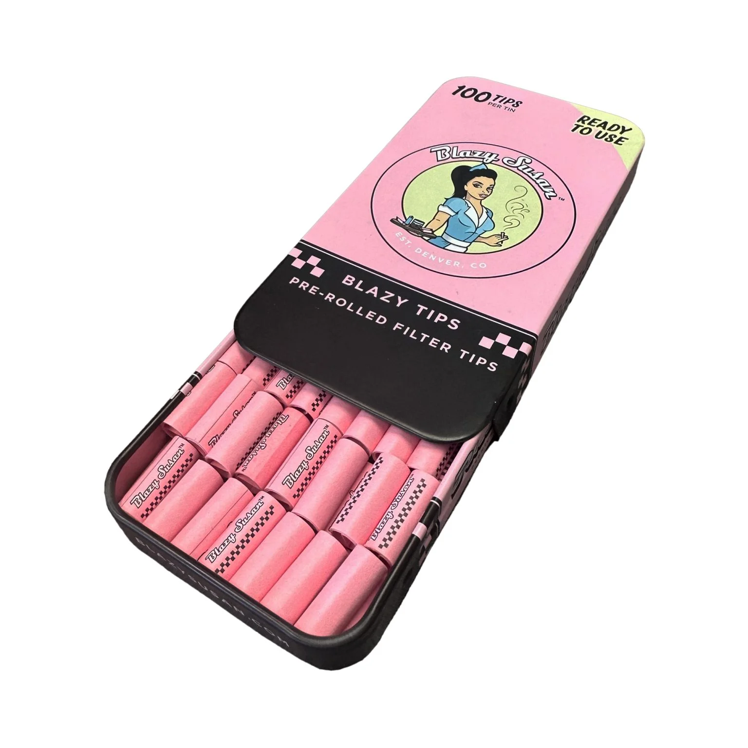 Photograph of product: Blazy Susan | Pink Filter Tips, Tin 100pk