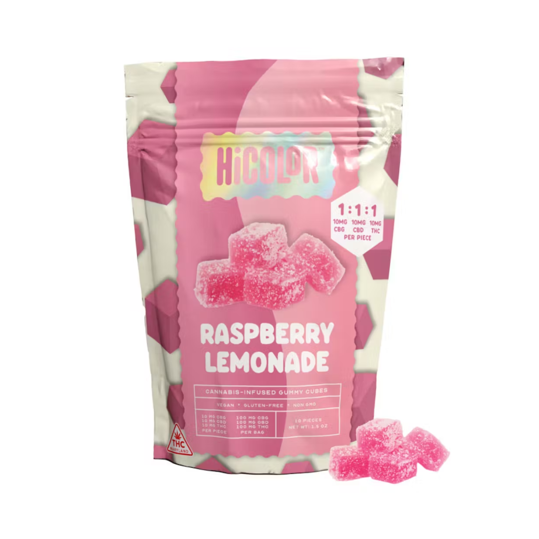 Photograph of product: HiCOLOR | Gummies | Raspberry Lemonade 1:1:1 CBG:CBD:TH-oui | 10mg each | 10 pack