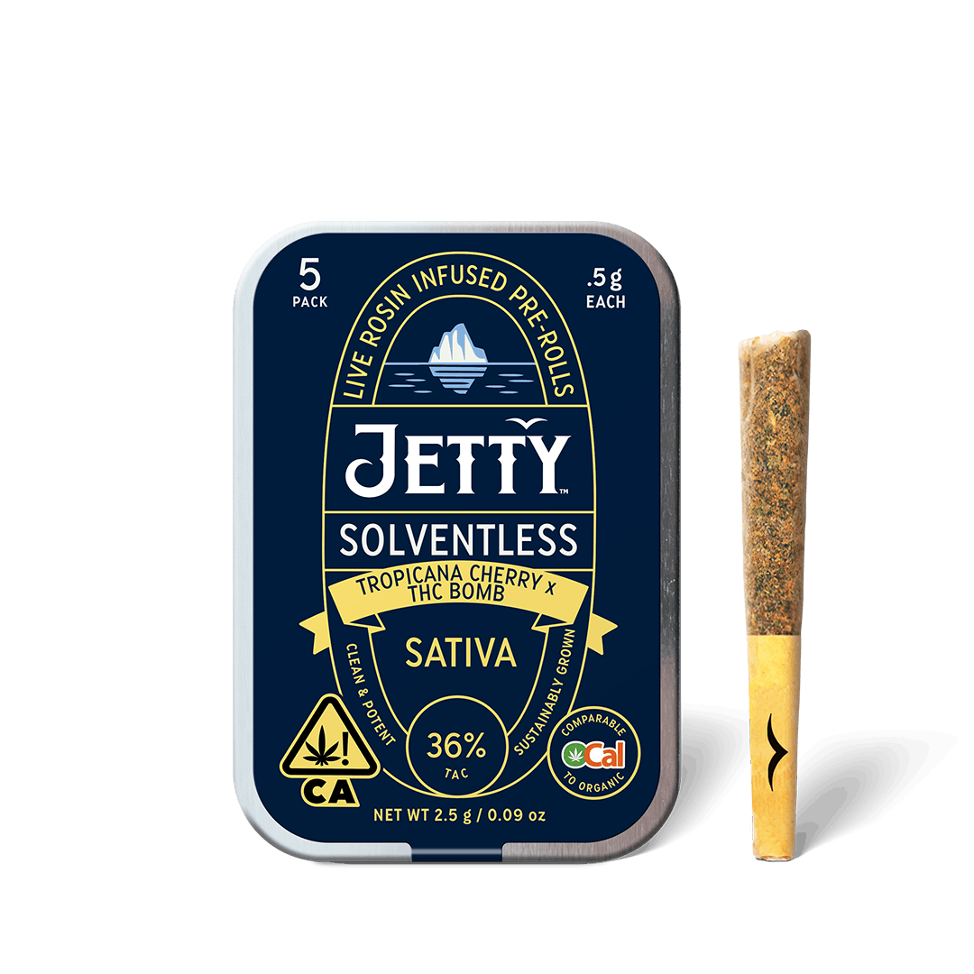 Photograph of product: JETTY | TROPICANNA CHERRY X THC BOMB | .5G INFUSED PRE-ROLLS | 5PK