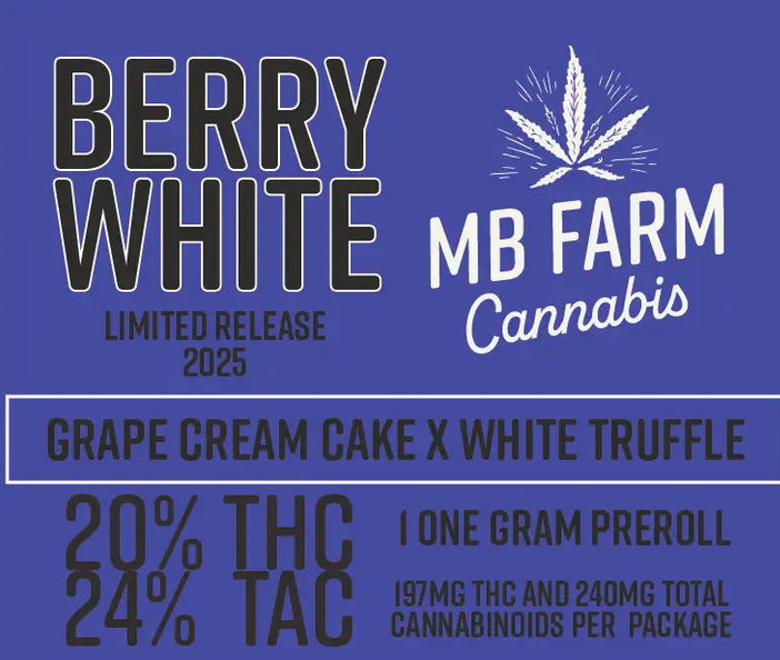 Photograph of Product: Berry White Pre roll | Indica | MB Farm Cannabis