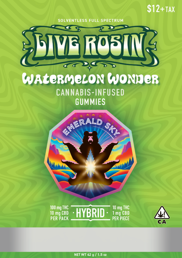 Photograph of product: Emerald Sky | Watermelon Wonder | Solventless Full Spectrum Live Rosin Gummies | 100mg