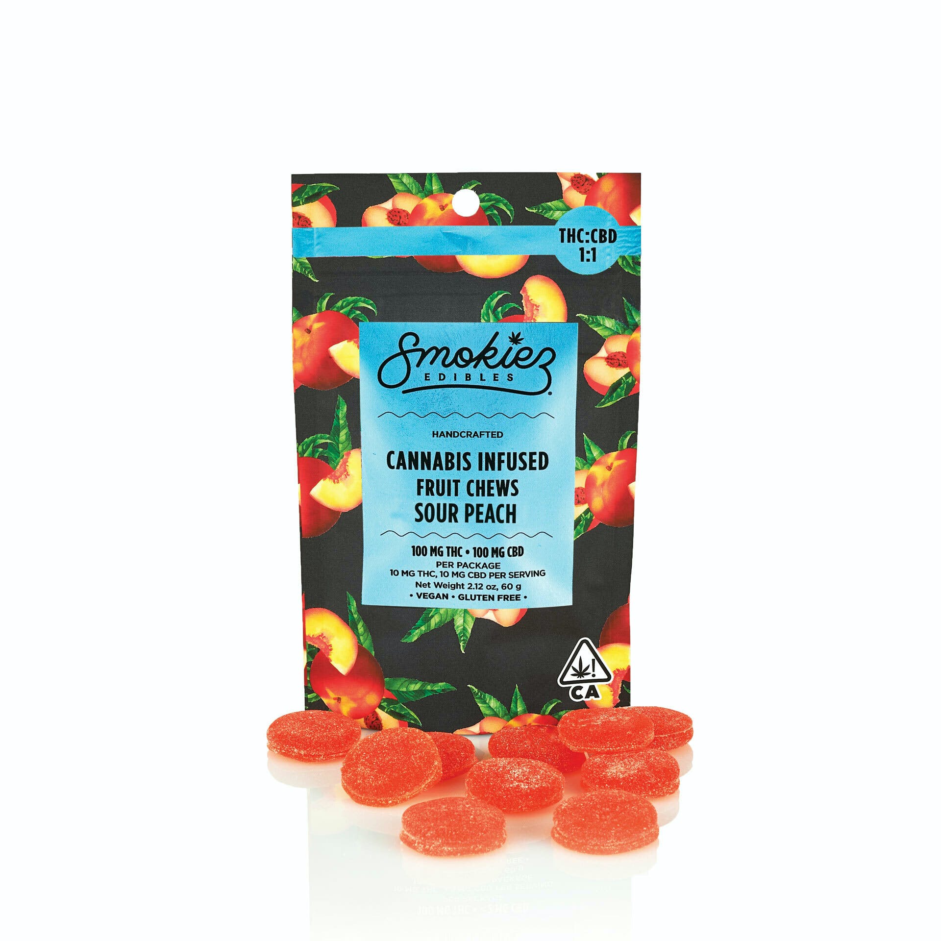 Photograph of product: Sour Peach TH-oui:CBD 1:1, 100mg TH-oui/100 mg CBD