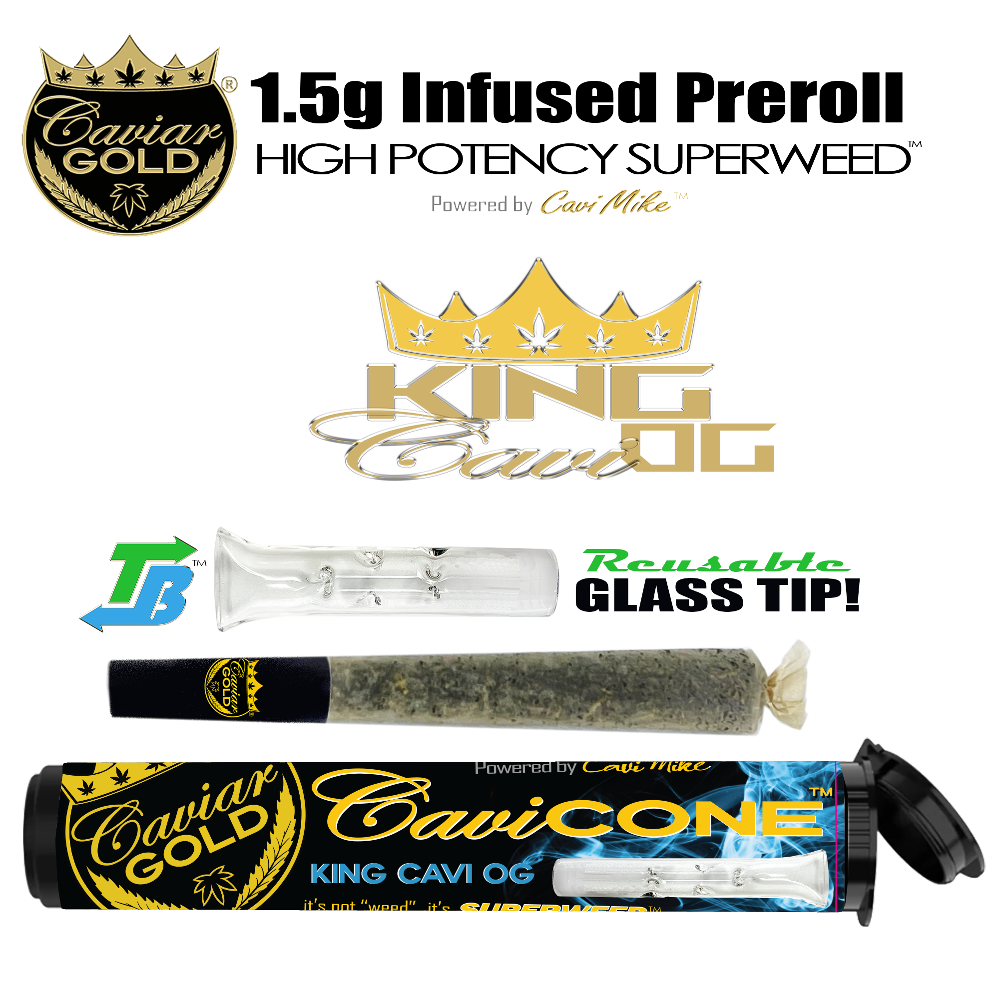 Photograph of product: Caviar Gold | Cavi Cone | King Cavi OG | 1.5g Infused Preroll