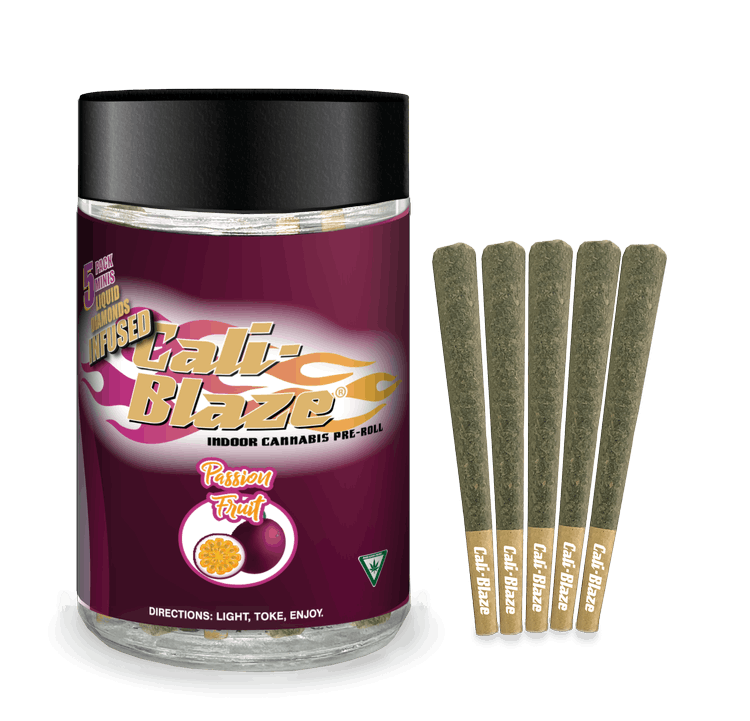Photograph of product: Cali Blaze - Passion Fruit 5-Pack x 0.7g Liquid Diamonds Infused Pre-Rolls | 3/$50