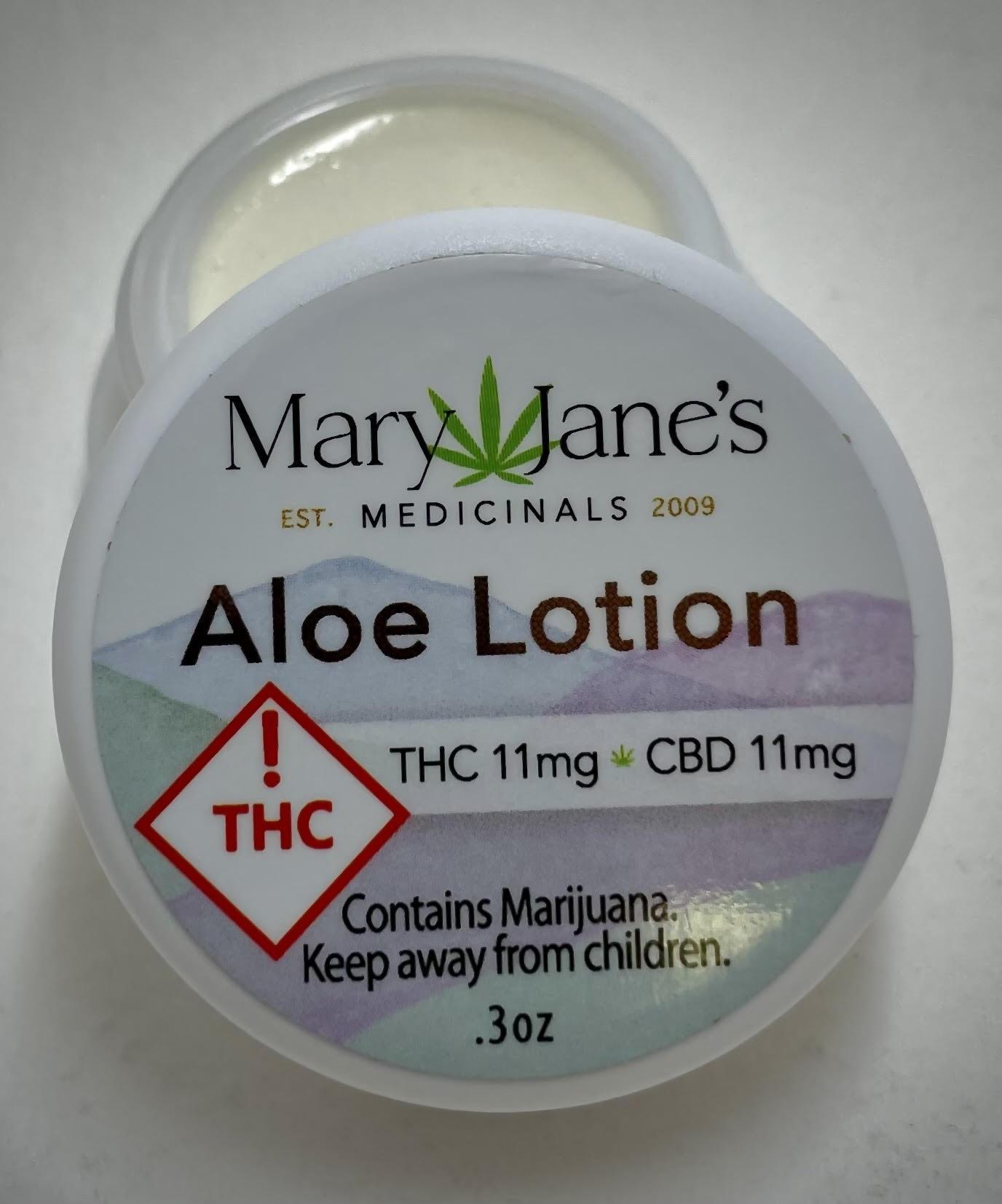 Photograph of Product: Mary Jane's Aloe Lotion w/ Nano Technology .3oz 1:1 THC:CBD 11mg/11mg