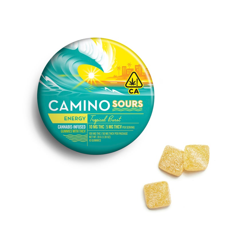 Photograph of product: CAMINO SOURS TROPICAL BURST ENERGY 10:5 TH-ouiV 10 PACK VEGAN GUMMIES