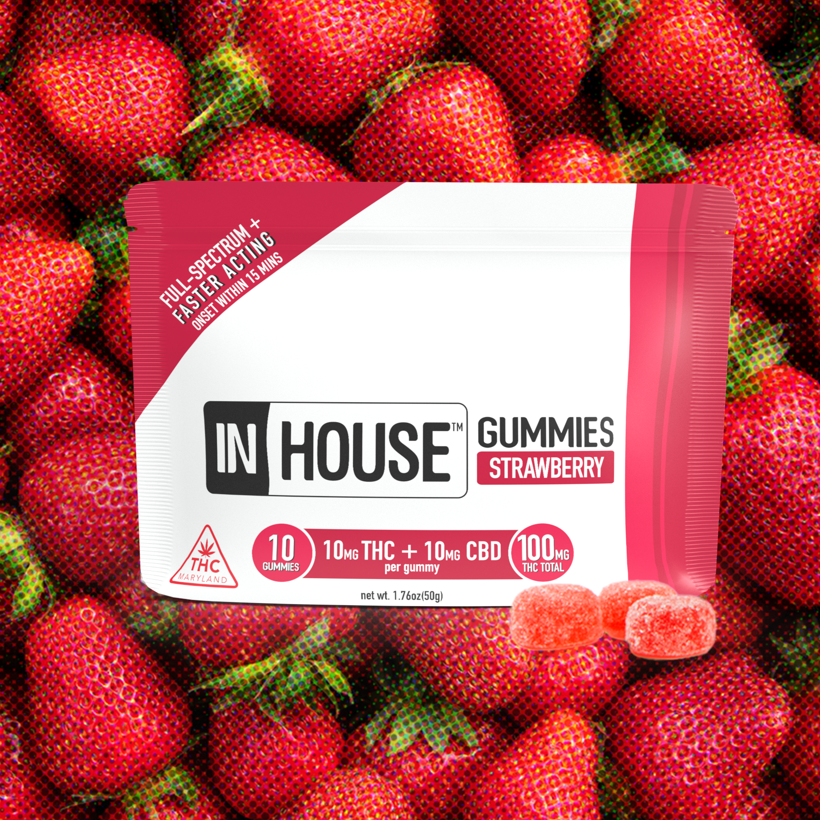 Photograph of product: In House 10mg 1:1 Strawberry Fast Acting Gummies - 100mg TH-oui: 100mg CBD