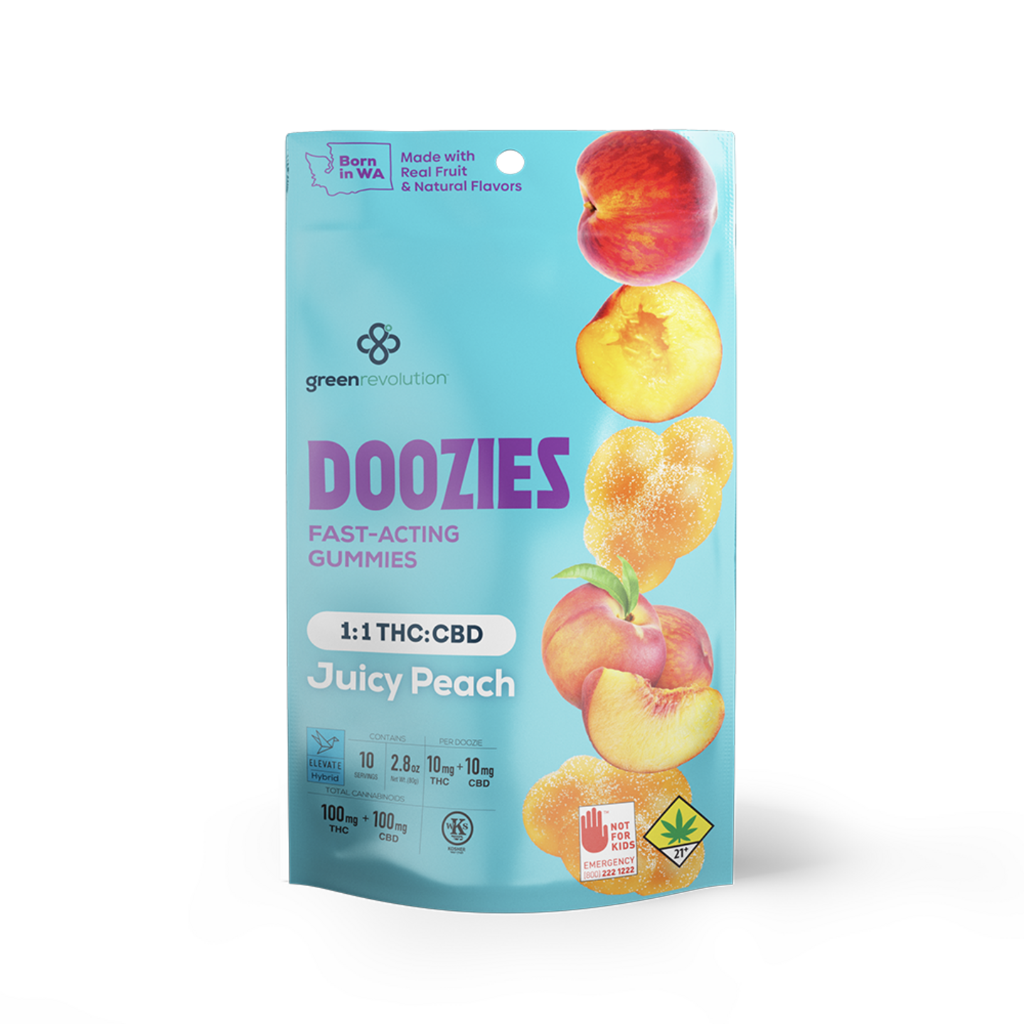 Photograph of product: Green Revolution Doozies Peach HYBRID 1:1 10pk (100mg TH-oui, 100mg CBD)