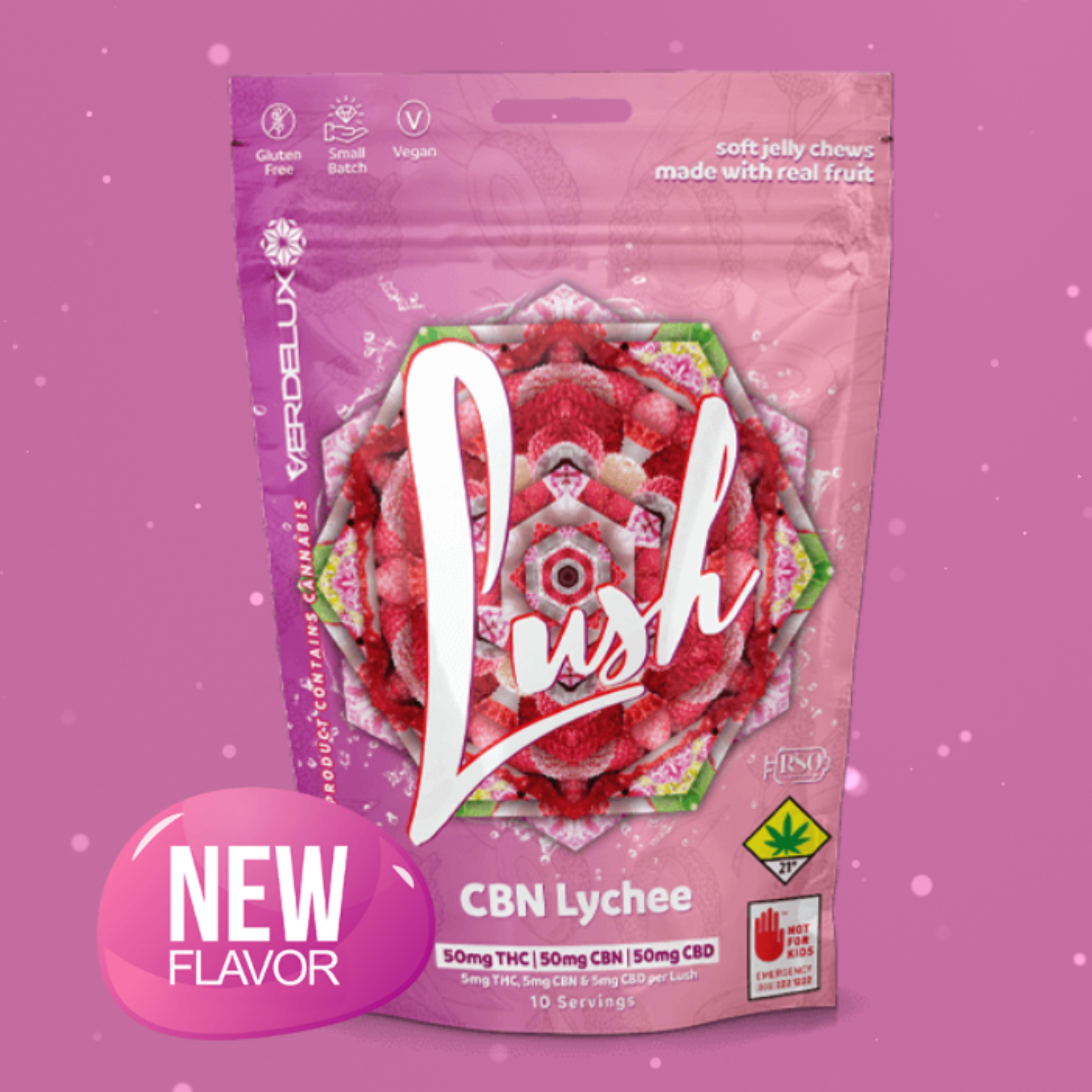 Photograph of product: Lush Lychee 1:1:1 Soft Jelly Chews Gummies 10-Pack Edibles Verdelux | 50mg TH-oui 50mg CBD 50mg CBN (DOH)