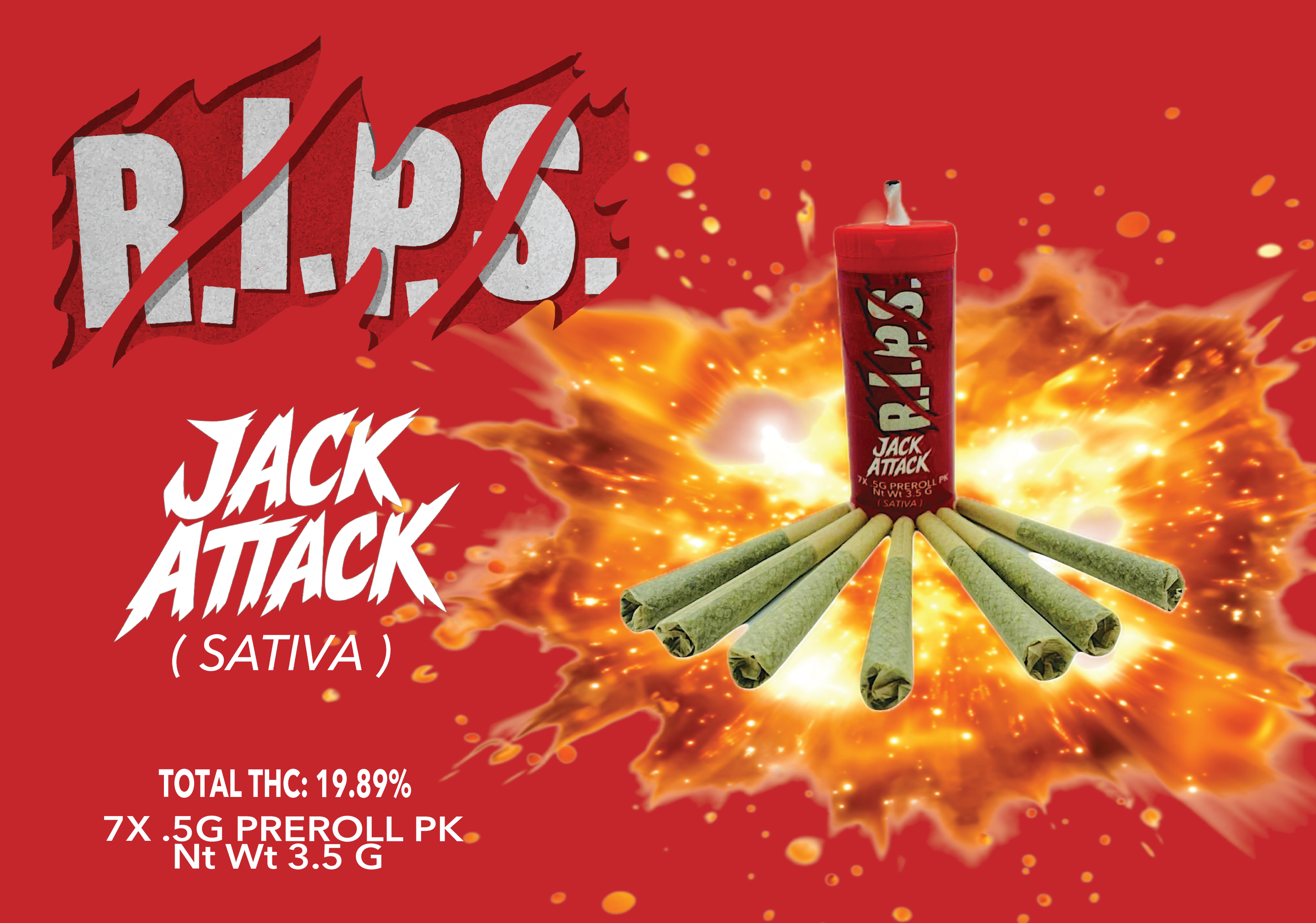 Photograph of product: R.I.P.S Jack Attack 0.5G 7 Pack Pre-Roll (3.5G) Oui'd 19.89%TH-oui