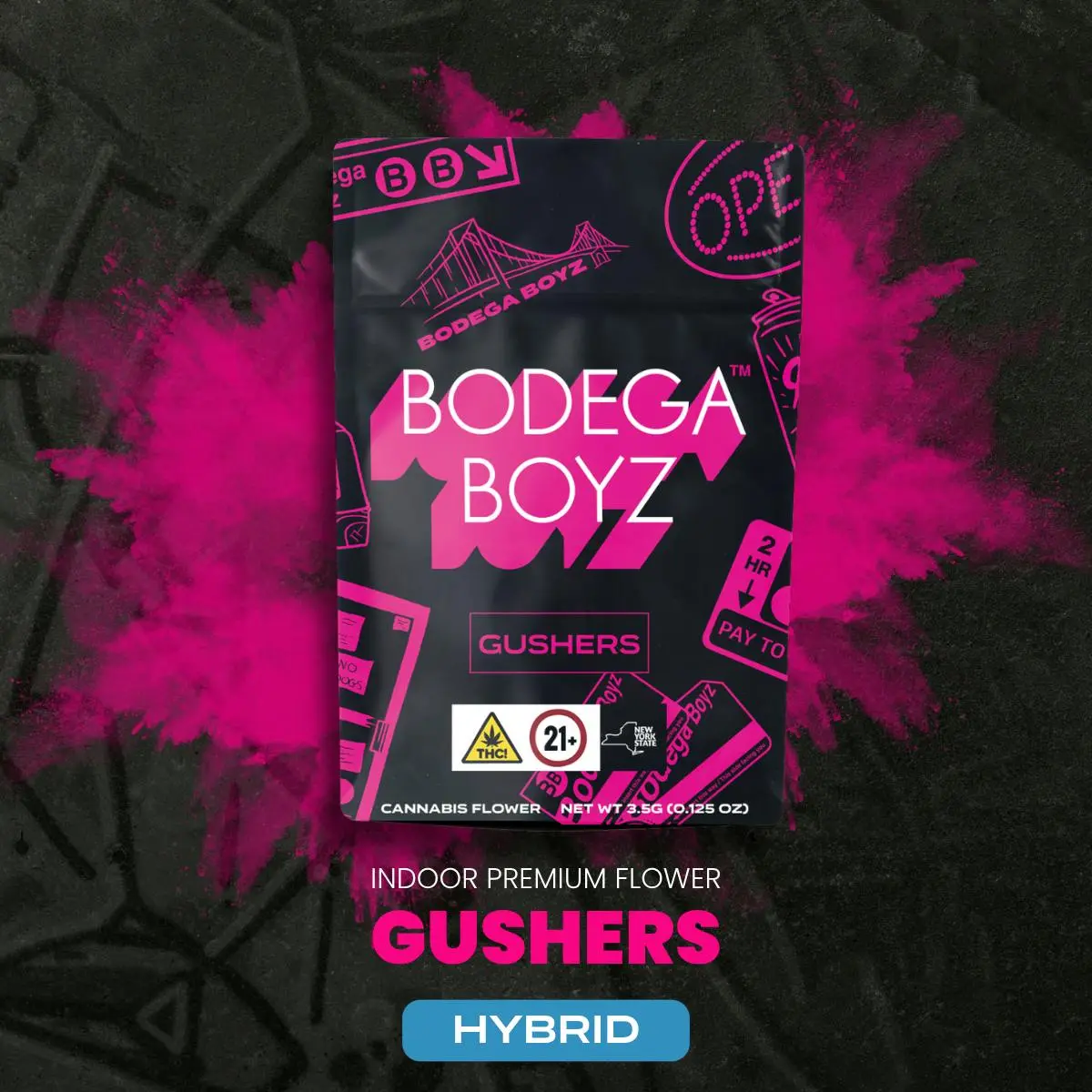 Photograph of product: Bodega Boyz | Flower | Gushers | 3.5g | Hybrid | 31.58% TH-oui