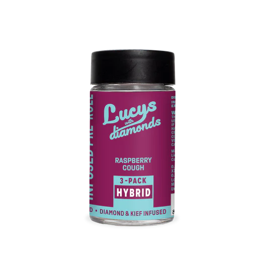Photograph of product: Blotter | Lucys | Diamond Infused PreRoll Dipped in Kief | Raspberry Cough | 3 pack Infused Prerolls