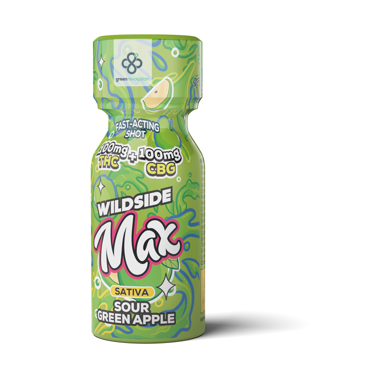 Photograph of product: Sour Green Apple Wildside Max Shot [100 mg TH-oui + 100mg CBG]