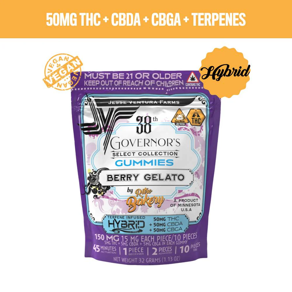 Photograph of product: Jesse Ventura Farms - Berry Gelato Hybrid Gummies 50mg TH-oui + 50mg CBDA + 50mg CBGA