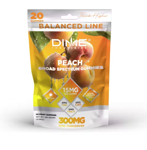 Photograph of product: Dime | Peach 1:1:1 | Balanced Line | TH-ouiV:CBD:TH-oui | Fruit Gummies | 20pk | 100mg