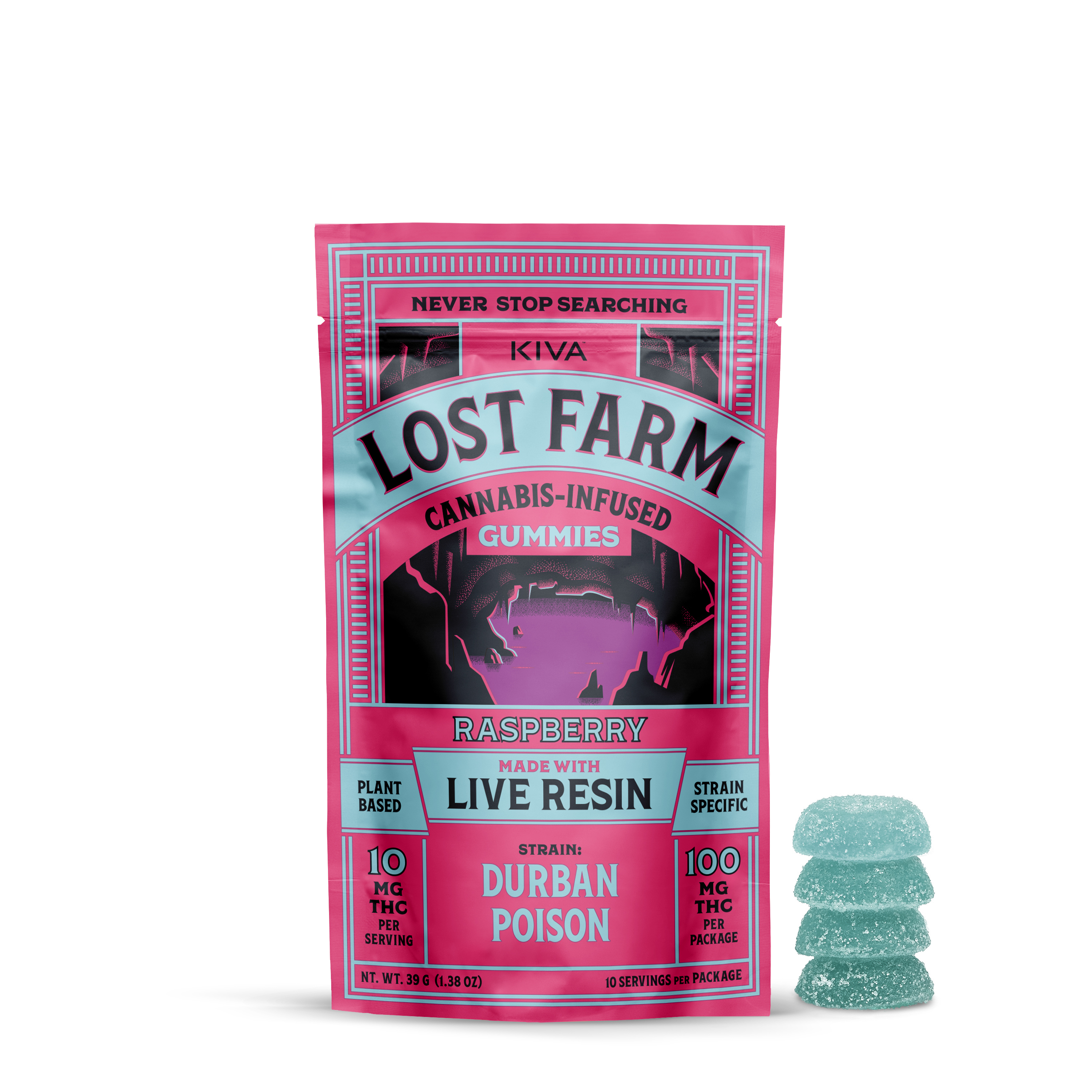 Photograph of product: Kiva Lost Farm - Live Resin Gummies Raspberry 10pk. - 100mg
