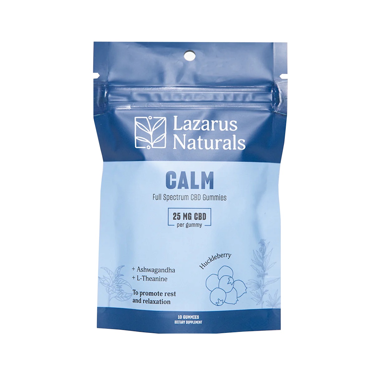 Photograph of product: Calm 10 pack CBD Gummies (Huckleberry + Ashwagandha + L-Theanine) 250mg By Lazarus Naturals