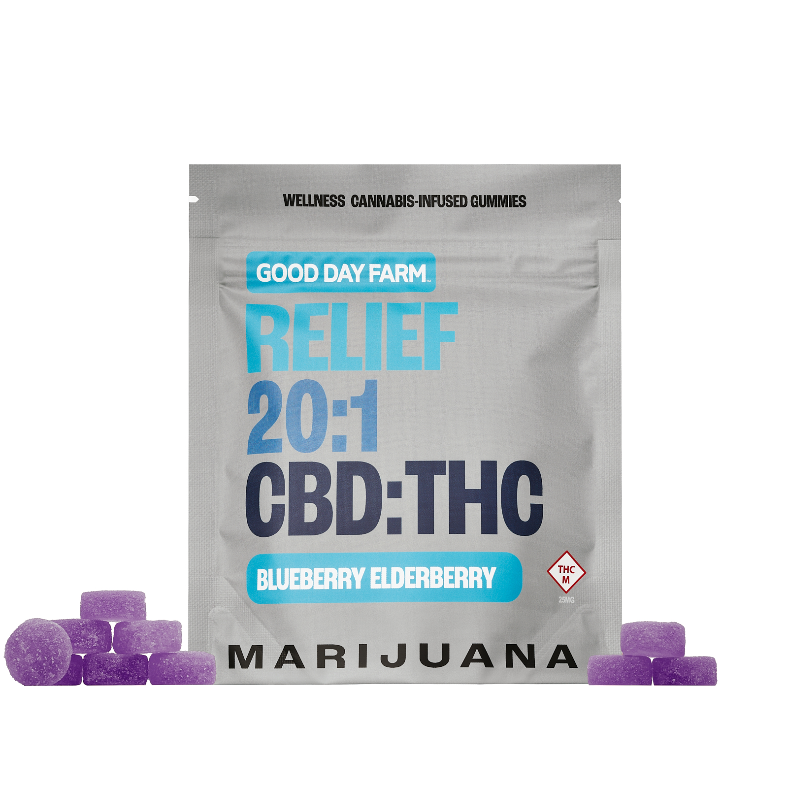 Photograph of Product: GDF: Wellness Gummies | RELIEF 20:1 Blueberry Elderberry | 500mg CBD : 25mg THC | 10pk