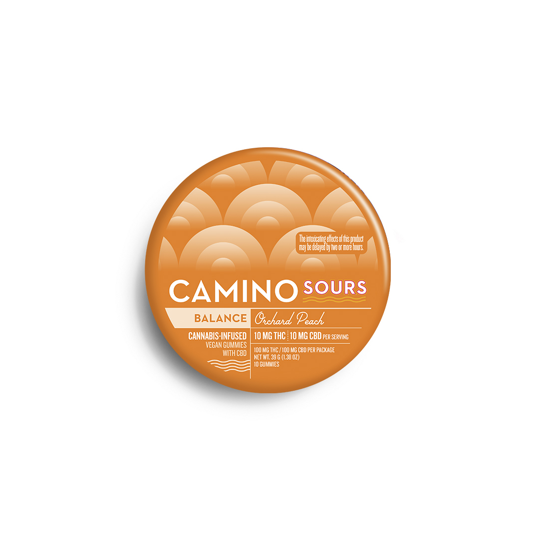 Photograph of product: Kiva | Camino Gummies | Sours Orchard Peach | 1:1 TH-oui:CBD | 10pk/100mg