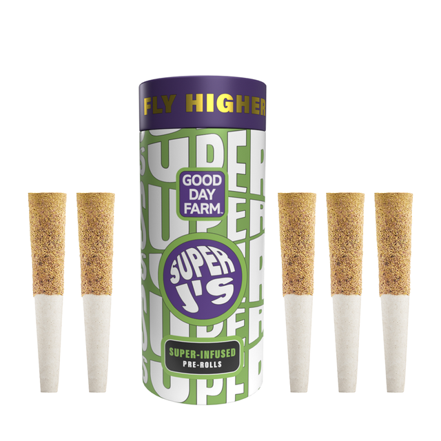 Photograph of product: GDF: Infused Pre-Roll Pack | Tropical x Forbidden Fruits | Super J's | 0.5g ea | 5pk