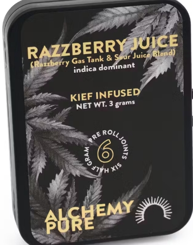 Photograph of product: Alchemy Pure Kief Infused Premium Flower Pre-Rolls | 6pk-0.5g each | Razzberry Juice