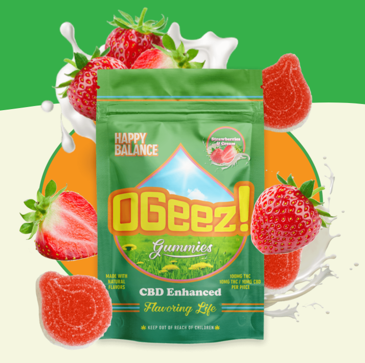 Photograph of product: OGeez - Happy Balance - Strawberries and Cream - 1:1 (TH-oui:CBD) 100mg