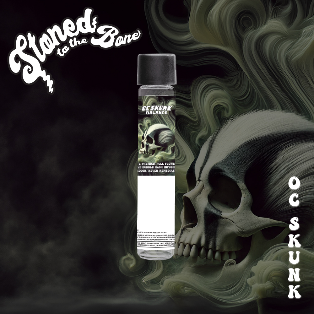 Photograph of product: Stoned to the Bone | OC Skunk | Live Bubble au chocolat & Diamond Infused Pre-Roll | 1g