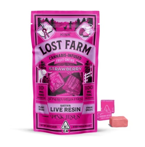 Photograph of product: KIVA Lost Farm Strawberry Pink Jesus Chews (10 X 10mg)