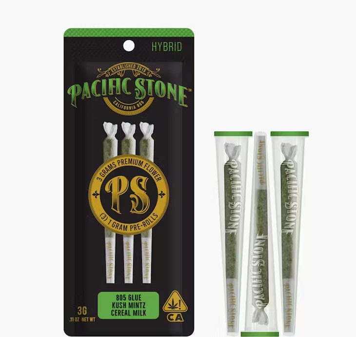 Photograph of product: Hybrid Variety Pack (H) 3pk 805 Glue, Kush Mints, Cereal Milk PREROLLS 3.0g - Pacific Stone