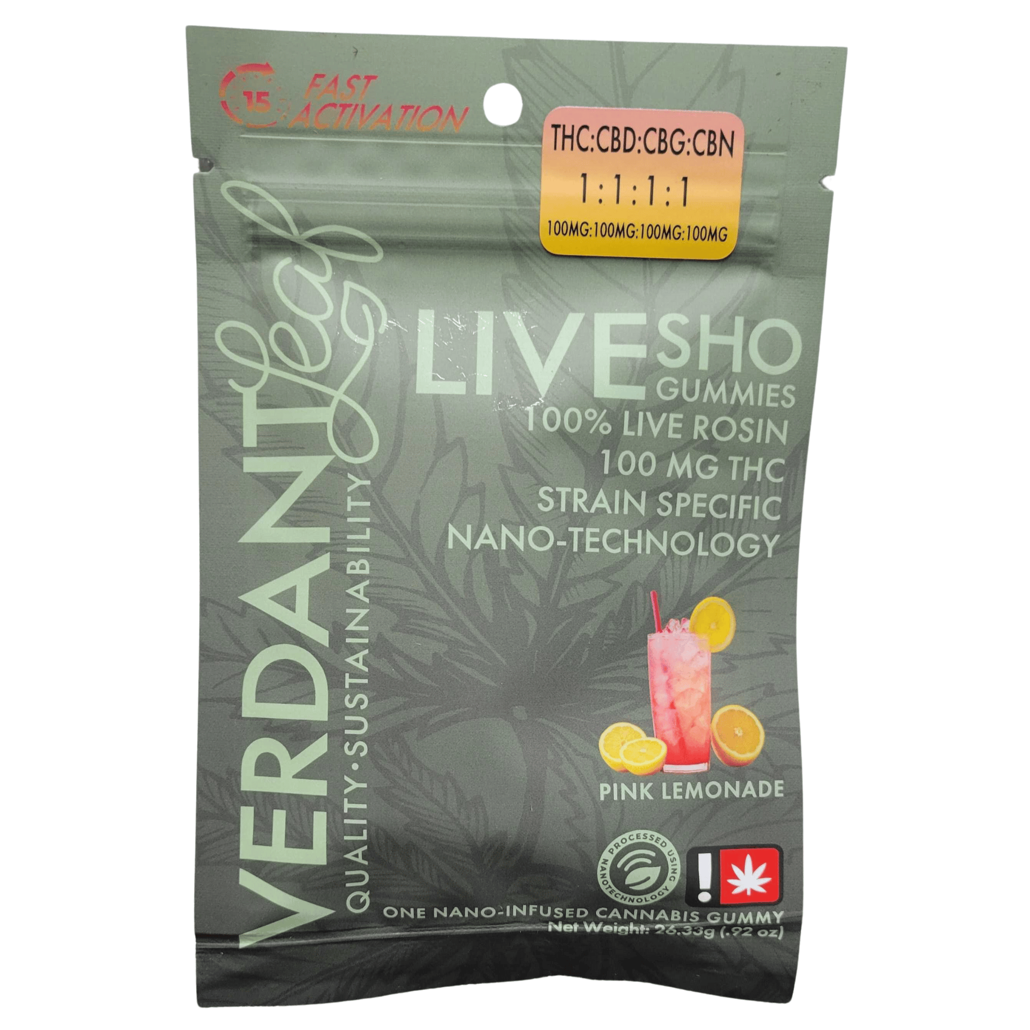 Photograph of product: Gummy (Live Rosin) | Verdant | Pink Lemonade TH-oui:CBD:CBN:CBG 1:1:1:1