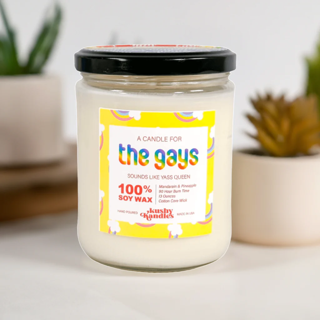 Photograph of product: KushKards - The Gays Mandarin & Pineapple Soy Wax Candle
