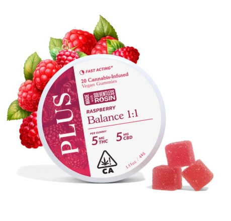 Photograph of product: 1:1 RASPBERRY CBD GUMMIES 20 PACK 100MG