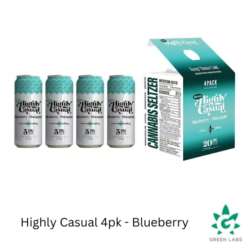 Photograph of Product: (REC) Highly Casual 20mg 4pk (5mg per can) - Blueberry & Pineapple Seltzer (1:1)