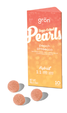 Photograph of product: 1:1 TH-oui/CBD Peach Prosecco (H) - Grn - 100mg Pearls