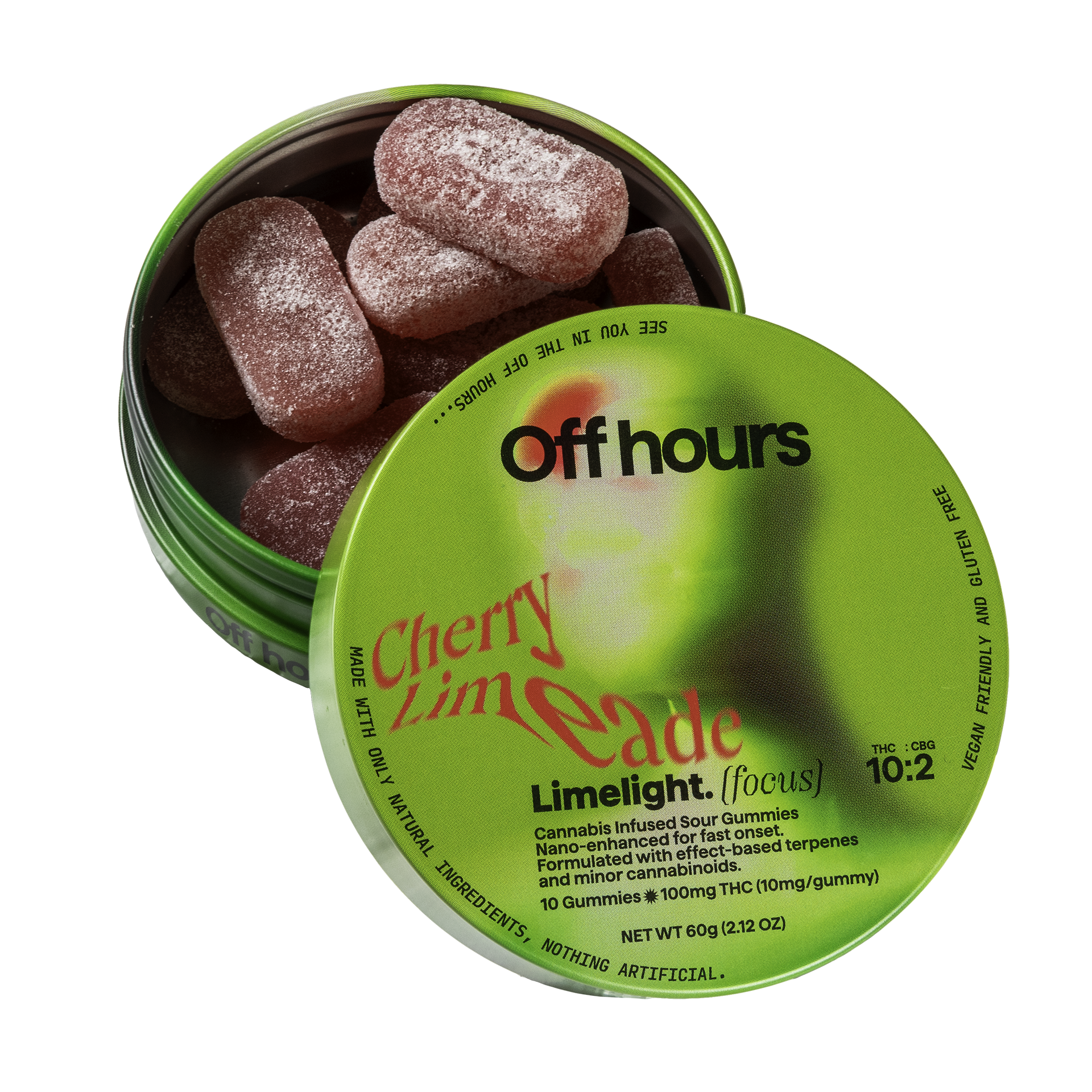 Photograph of product: OFF HOURS | LIMELIGHT 10:2 (TH-oui:CBG) CHERRY LIMEADE GUMMIES | 10MG 10PK