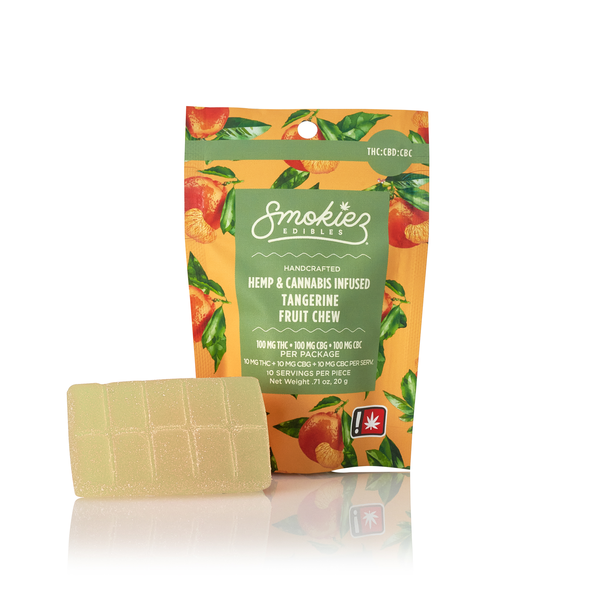 Photograph of product: CBC:CBG:TH-oui 1:1:1 Tangerine Scored-Single Piece 100mg CBC:100mg CBG: 100mg TH-oui Fruit Chew