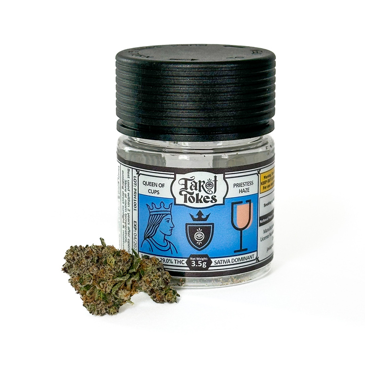 Photograph of Product: Tarot Tokes "Queen of Cups" Priestess Haze Flower Jar - 3.5g