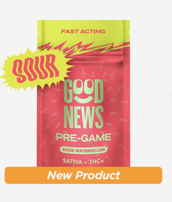 Photograph of product: GOOD NEWS PRE-GAME SOUR WATERMELON 1:2 TH-ouiV 10PK GUMMIES 100MG