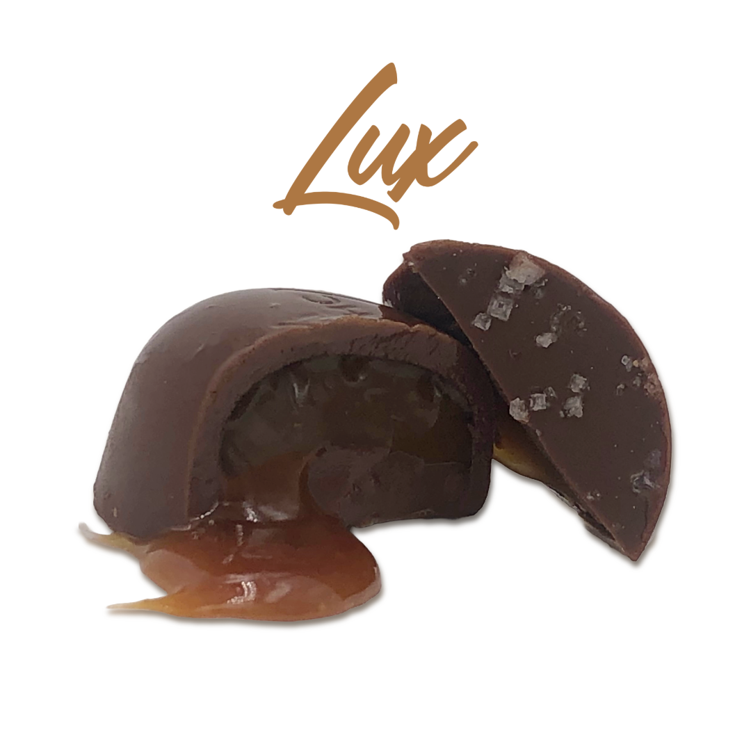 Photograph of product: Lux: Dark Chocolate Sea Salt Caramels - 10pk 100mg