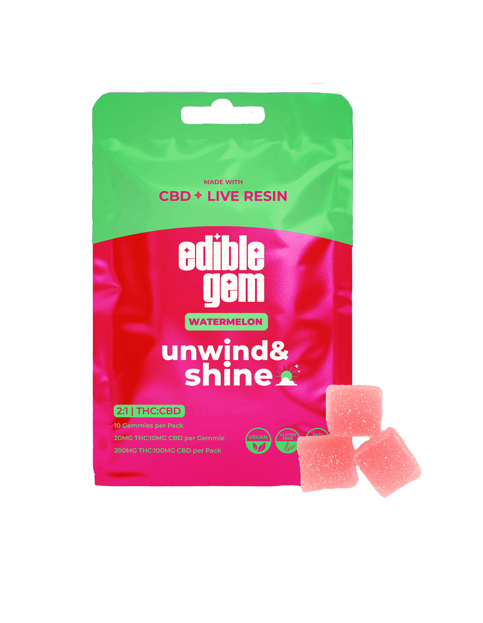 Photograph of product: Edible Gems - Watermelon 2:1 TH-oui:CBD 200mg Live Resin Gummies